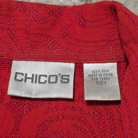 CHICOS 100% Silk Floral Knit Patterned Blazer, Red Orange, Unlined, Size 1, M - Picture 15 of 16